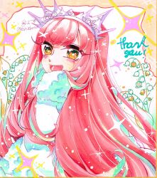 1girl ariabosu cape commentary_request fate/grand_order fate_(series) from_side fur_cape highres long_hair looking_at_viewer marker_(medium) medb_(fate) medb_(first_ascension)_(fate) open_mouth orange_eyes pink_hair signature smile solo thank_you tiara traditional_media twitter_username upper_body v-shaped_eyebrows