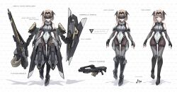 1girl absurdres armor bare_shoulders blonde_hair bodysuit boots breasts covered_navel elbow_gloves fingerless_gloves full_body gloves gun head-mounted_display headgear highres holding holding_gun holding_weapon impossible_bodysuit impossible_clothes large_breasts leotard looking_at_viewer mecha_musume multiple_views original pantyhose reference_sheet rifle science_fiction sherman_(egnk2525) shield short_hair skin_tight thighhighs weapon white_background