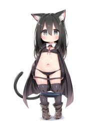 1girl animal_ear_fluff animal_ears black_boots black_cape black_eyes black_hair black_thighhighs blush boots cape cat_ears cat_girl cat_tail closed_mouth commentary_request flat_chest full_body highres long_hair looking_at_viewer navel original tail tamase_tama thighhighs