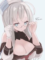 1girl adjusting_eyewear ahoge aqua-framed_eyewear black_sailor_collar blue_eyes breasts dated dixie_cup_hat glasses gloves grey_hair hat headgear heywood_l._edwards_(kancolle) highres kantai_collection large_breasts long_hair long_sleeves looking_at_viewer military_hat neckerchief off-shoulder_shirt off_shoulder pink_neckerchief pleated_skirt sailor_collar satsuki_tooka school_uniform shirt single_glove skirt solo twitter_username white_background white_gloves white_hat white_shirt