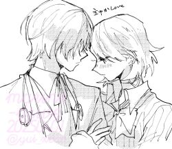 1boy 1girl blush bow bowtie cardigan choker hand_grab headphones headphones_around_neck heads_together heart heart_choker looking_down neck_ribbon persona persona_3 ribbon screentones takeba_yukari translation_request white_background yui_xeno yuuki_makoto_(persona_3)
