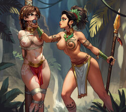 2girls ball_gag bdsm black_hair blush bodypaint bondage bound braid braided_ponytail breasts brown_hair dark-skinned_female dark_skin earrings forest frown gag groin hair_ornament hair_scrunchie hand_on_another&#039;s_chin holding holding_polearm holding_weapon jewelry lara_croft large_breasts lipstick long_hair looking_at_another makeup multiple_girls nature navel nipples outdoors pelvic_curtain polearm ponytail red_lips red_scrunchie sane-person scrunchie shiny_skin spear standing tattoo thighs tomb_raider tooth_earrings topless_female tree tribal tribal_tattoo weapon yuri