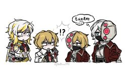 2boys 2girls angry annoyed ascot black_ascot black_mask blonde_hair blue_eyes cape chinese_text dual_persona faust_(project_moon) highres jacket limbus_company mask mouth_mask multicrack_office_(identity)_(project_moon) multiple_boys multiple_girls n_corp._fanatic_(identity)_(project_moon) ohzv project_moon red_jacket shirt short_hair simple_background sinclair_(project_moon) surprised translation_request white_background white_cape white_hair white_shirt yellow_eyes