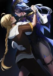1boy 1girl absurdres aether_(genshin_impact) ahoge blonde_hair blue_hair blush braid breasts clorinde_(genshin_impact) corset dancing genshin_impact gloves hair_ornament hans-kun hat hat_feather hetero highres jewelry large_breasts long_hair long_sleeves open_mouth pantyhose purple_eyes shirt skirt tricorne very_long_hair white_gloves white_shirt yellow_eyes
