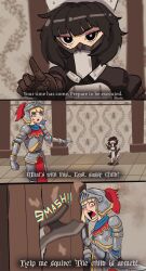 2girls absurdres armor axe basedbinkie black_eyes black_hair blonde_hair blue_eyes blunt_bangs borrowed_character broken_door comic commentary cursive english_commentary english_text executioner_maid_(centurii-chan) eyeshadow flayne_(basedbinkie) helmet here&#039;s_johnny!_(meme) highres makeup mask meme mouth_mask multiple_girls one-punch_man original panicking parody plate_armor plume pointing pointing_at_another red_eyeshadow sassy_lost_child_(meme) scared scene_reference screaming subtitled the_shining wide-eyed