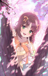 Rule 34 | 1girl, :d, amami haruka, blunt bangs, blurry, bright background, brown hair, cherry blossoms, collarbone, dappled sunlight, day, depth of field, dot nose, eyelashes, falling petals, flipped hair, green eyes, hair ribbon, highres, idolmaster, idolmaster (classic), idolmaster million live!, idolmaster million live! theater days, index finger raised, light blush, medium hair, midnamana, open mouth, orange ribbon, orange shrug, outdoors, petals, ribbon, scrunchie, shirt, shrug (clothing), sidelocks, signature, smile, solo, spring (season), sunlight, tree, wrist scrunchie, yellow shirt