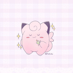 Rule 34 | blush stickers, clefairy, closed eyes, closed mouth, full body, gen 1 pokemon, highres, musical note, nintendo, no humans, open mouth, pink background, pokemon, pokemon (creature), rio (rio0v0o), solo, sparkle, sticker, twitter username