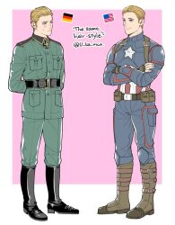 Rule 34 | 2boys, american flag, arms behind back, artist name, avengers: endgame, avengers (series), axis powers hetalia, belt, black belt, black footwear, blonde hair, blue bodysuit, blue eyes, blush, bodysuit, boots, border, brown belt, brown footwear, brown gloves, buttons, captain america, closed mouth, collared jacket, commentary request, cross, crossed arms, crossover, english text, fingerless gloves, fingernails, full body, german flag, germany (hetalia), gloves, green jacket, green pants, hairstyle connection, iron cross, jacket, long sleeves, look-alike, looking at another, male focus, marvel, marvel cinematic universe, military jacket, military uniform, multiple boys, outside border, pants, pink background, pocket, short hair, simple background, smile, standing, star (symbol), steve rogers, superhero costume, sweatdrop, u-ka (fukei), white border