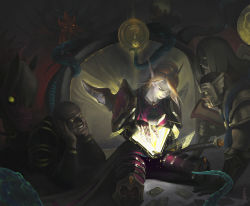 1girl 2boys armor blizzard blood_elf_(warcraft) dousanxian elf gauntlets glowing glowing_eyes hearthstone highres horse knight lady_liadrin long_eyebrows long_pointy_ears multiple_boys paladin pointy_ears ponytail warcraft world_of_warcraft