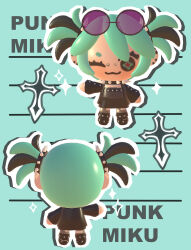1girl 3d :3 absurdres alternate_costume alternate_hair_color alternate_hair_length alternate_hairstyle aqua_hair bridge_piercing chibi chibi_only collar commentary cross ear_piercing english_text eyelashes eyewear_on_head face_piercing goth_fashion hatsune_miku highres lavy_(lavnko) multiple_views one_eye_closed piercing round_eyewear smile sparkle spiked_collar spikes sunglasses twintails vocaloid