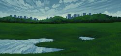 Rule 34 | artist name, building, cloud, cloudy sky, evening, grass, highres, iriza katou, no humans, original, pond, scenery, sky, skyline, tree