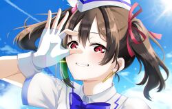 1girl arm_up black_hair blue_ribbon blue_sky blush bow cloud collared_shirt contrail day ear_piercing feather_hair_ornament feathers fingerless_gloves gloves grin hair_between_eyes hair_bow hair_ornament half-closed_eyes hands_on_own_face hat highres kapuridora_p lens_flare light_particles light_rays looking_at_viewer looking_to_the_side love_live! love_live!_school_idol_project medium_hair neck_ribbon official_alternate_costume open_hand outdoors peeking_through_fingers piercing pink_bow portrait red_eyes ribbon shirt short_sleeves sky smile solo sparkle sun sunbeam sunlight twintails white_feathers white_gloves white_hat white_shirt wonderful_rush yazawa_nico