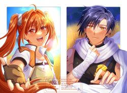 1boy 1girl antenna_hair armor bandaged_arm bandages black_hair commentary double-parted_bangs eiyuu_densetsu english_commentary english_text estelle_bright fingerless_gloves floating_hair gloves hair_between_eyes highres joshua_bright katarina_neko long_hair mullet open_mouth outdoors parted_bangs pauldrons red_eyes scarf short_hair shoulder_armor single_pauldron smile sora_no_kiseki twintails watermark wheat wheat_field white_scarf yellow_eyes