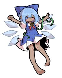 1girl ;) arms_up baek_ban barefoot blue_dress blue_eyes blue_hair bow circled_9 cirno closed_mouth commentary dark-skinned_female dark_skin dress full_body hair_bow highres medium_hair one_eye_closed pinafore_dress puffy_short_sleeves puffy_sleeves shirt short_sleeves simple_background sleeveless sleeveless_dress smile solo tachi-e tanned_cirno touhou white_background white_shirt