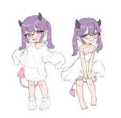Rule 34 | 1girl, bare legs, barefoot, black-framed eyewear, black horns, bow, closed mouth, demon girl, demon horns, demon tail, dress, fang, feet, full body, glasses, horns, long sleeves, looking at viewer, medium hair, multiple views, open mouth, original, pink bow, pink eyes, pink tail, pointy ears, purple hair, qtkat, semi-rimless eyewear, sidelocks, simple background, sleeveless, sleeveless dress, sleeves past fingers, sleeves past wrists, smile, spaghetti strap, standing, strap slip, sweater, tail, thigh strap, toes, twintails, white background, white dress, white footwear, white sweater
