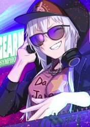 Rule 34 | 1girl, black jacket, chain, glowing, glowing eye, grey hair, haishima xv, headphones, highres, jacket, one eye closed, pink shirt, senki zesshou symphogear, shirt, smile, star (symbol), star print, yukine chris
