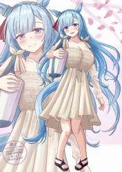 animal_ears blue_eyes blush braid breasts casual collarbone crown_braid full_body hair_between_eyes hair_ornament highres horse_ears horse_girl horse_tail large_breasts looking_at_viewer mejiro_ardan_(umamusume) petals rio_(lio_yuzu) sandals smile standing tail umamusume