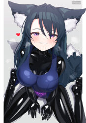 Rule 34 | 1girl, absurdres, animal ear fluff, animal ears, black bodysuit, black hair, bodysuit, breasts, collarbone, glowing tattoo, grin, heart, highres, large breasts, latex, latex bodysuit, long hair, looking at viewer, maguro27, original, pubic tattoo, purple eyes, school swimsuit, shiny clothes, sitting, skin tight, smile, solo, spoken heart, swimsuit, tail, tattoo, variant set, wariza