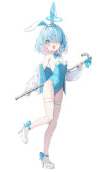 1girl :d animal_ears arona_(blue_archive) bare_shoulders blue_archive blue_bow blue_bowtie blue_eyes blue_hair bow bowtie braid breasts cane cleavage collar commentary detached_collar fake_animal_ears fishnet_thighhighs fishnets full_body hair_over_one_eye hairband halo high_heels highres holding holding_cane leotard loli long_sleeves multicolored_hair open_mouth pink_hair playboy_bunny puffy_long_sleeves puffy_sleeves rabbit_ears saeki_sora shoes simple_background skindentation sleeves_past_wrists small_breasts smile solo standing standing_on_one_leg thighhighs two-tone_hair white_background white_collar white_hairband white_shoes white_thighhighs wing_collar