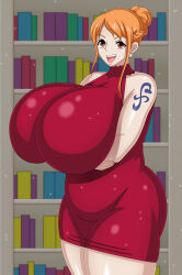 1girl arms_under_breasts bare_shoulders bookshelf braid breasts coresix crown_braid dress earrings gigantic_breasts highres jewelry looking_at_viewer loose_hair_strand nami_(one_piece) nami_(one_piece)_(whole_cake_island) one_piece open_mouth orange_eyes orange_hair plump red_dress shoulder_tattoo sleeveless sleeveless_dress smile sparkle tattoo teeth thick_thighs thighs upper_teeth_only wide_hips