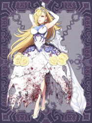 1girl armor armpits arms_behind_head blonde_hair blood blood_on_clothes breasts cleavage dress dress_flower earrings elbow_gloves faulds flower food-themed_earrings food_themed_earrings full_body glass_slipper gloves gown greatsword hair_over_one_eye high_heels holding holding_sword holding_weapon jewelry kerberos_blade large_breasts lips long_hair looking_at_viewer pink_eyes pumpkin_earrings purple_background rose see-through_cleavage see-through_clothes shichimi shoes side_part sleeveless sleeveless_dress solo standing sword tiara torn_clothes torn_dress very_long_hair weapon white_dress white_gloves white_shoes wide_ponytail yellow_flower yellow_rose