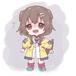 1girl :d amari_(ama_shiiiiiiba) animal_collar animal_ears arms_at_sides bone_hair_ornament braid brown_eyes brown_hair buttons chibi chibi_only clenched_hands collar commentary_request dog_ears dog_girl dog_tail double-parted_bangs dress fangs full_body hair_ornament hairclip hololive inugami_korone inugami_korone_(1st_costume) jacket long_hair looking_at_viewer loose_socks low_twin_braids off_shoulder open_clothes open_jacket open_mouth red_collar red_socks shoes short_dress sleeveless sleeveless_dress smile sneakers socks solo tail twin_braids v-shaped_eyebrows virtual_youtuber white_dress wristband yellow_jacket