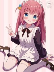 1girl apron black_dress blue_eyes blush bocchi_the_rock! brown_ribbon brown_shoes commentary cube_hair_ornament dress frilled_apron frills full_body furrowed_brow gotoh_hitori hair_ornament highres long_hair long_sleeves looking_at_viewer maid maid_headdress mary_janes neck_ribbon one_side_up open_mouth pink_hair ribbon shoes sitting smile solo striped_background thighhighs uru_aoi23 wariza watermark white_apron white_thighhighs