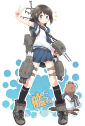 10s 1girl animalization backpack bag binoculars blue_eyes boots brown_hair buck_teeth cannon fubuki_(kancolle) highres kantai_collection lirinx lirix midriff_peek personification school_uniform serafuku skirt smile teeth v yukikaze_(beaver) yukikaze_(kancolle) |_|