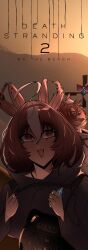 2girls ahoge animal_ears bodysuit brown_eyes brown_hair closed_eyes commentary cosplay death_stranding_2:_on_the_beach ear_wiggle english_commentary grey_bodysuit hair_between_eyes highres horse_ears horse_girl meisho_doto_(umamusume) multicolored_hair multiple_girls open_mouth peqq&#039;y_quodd&#039;y sam_porter_bridges sam_porter_bridges_(cosplay) short_hair smile streaked_hair t.m._opera_o_(umamusume) umamusume upper_body white_hair