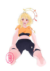 Rule 34 | 1girl, absurdres, ahoge, alternate costume, bike shorts, black shorts, black sports bra, blonde hair, breasts, commentary request, crop top, cropped legs, feet out of frame, from below, hair intakes, halo, hands on own knees, highres, hinata mashu, large breasts, looking at viewer, looking down, medium hair, midriff, n1jichich1, nanashi inc., navel, open mouth, orange eyes, orange halo, orange shirt, shirt, shorts, simple background, solo, sports bra, sweat, white background