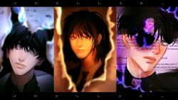 Rule 34 | 1girl, 2boys, :|, black eyes, black hair, burning, burning paper, closed eyes, closed mouth, coat, collared shirt, gouged eye, han sooyoung, highres, jozllie, kim dokja, letterboxed, looking at viewer, medium hair, multiple boys, omniscient reader&#039;s viewpoint, portrait, revealing layer, shirt, short hair, smile, split crop, white coat, white shirt, yoo joonghyuk