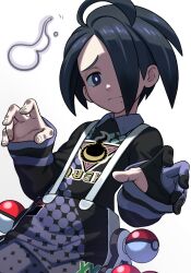 1boy allister_(pokemon) bite_addict black_eyes black_hair black_shirt black_shorts bright_pupils claw_pose closed_mouth collared_shirt commentary_request gloves hands_up highres holster long_sleeves looking_at_viewer male_focus mole mole_under_mouth nintendo no_mask partially_fingerless_gloves poke_ball poke_ball_(basic) pokemon pokemon_swsh raised_eyebrows shirt short_hair shorts single_glove solo suspenders white_background white_pupils