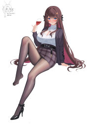 1girl absurdres ankle_strap arm_support belt black_belt black_jacket black_shoes blue_eyes blush breasts brown_hair brown_pantyhose cleavage cleavage_cutout clothing_cutout cup drinking_glass full_body high_heels highres holding holding_cup jacket large_breasts long_hair long_sleeves looking_at_viewer miniskirt multicolored_hair nanqizizhou no_shoes office_lady open_clothes open_jacket original pantyhose pencil_skirt plaid_clothes plaid_skirt red_hair shoes simple_background single_shoe skirt solo sweater sweater_under_jacket turtleneck turtleneck_sweater two-tone_hair very_long_hair white_background white_sweater wine_glass
