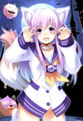 1girl animal_ear_fluff animal_ears bat_(animal) choker choujigen_game_neptune collar collarbone commentary_request dogoo doria_(p_f_dolia) dress female_focus hair_between_eyes halloween highres holster lantern long_hair long_sleeves looking_at_viewer neckerchief nepgear neptune_(series) night night_sky paw_pose purple_eyes purple_hair sailor_collar sailor_dress sidelocks sky solo tail thigh_holster v-shaped_eyebrows white_dress wolf_ears wolf_girl wolf_tail yellow_neckerchief