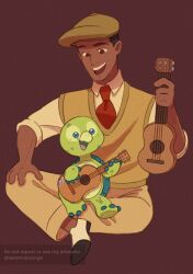 2boys animification brown_eyes brown_hair dark_skin duffy_and_friends guitar highres instrument looking_at_viewer multiple_boys olu_mel open_mouth prince_naveen shirt short_hair smile standing takatmaorange the_princess_and_the_frog turtle_boy
