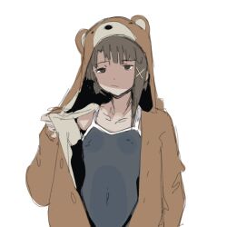 Rule 34 | 1girl, animal costume, animal hood, asymmetrical hair, bear costume, bear hood, brown eyes, brown hair, closed mouth, covered navel, ettone, flat chest, hair ornament, hairclip, highres, hood, iwakura lain, one-piece swimsuit, school swimsuit, serial experiments lain, short hair, simple background, single sidelock, solo, swimsuit, white background, x hair ornament