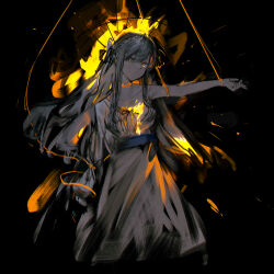 1girl absurdres bang_dream! bang_dream!_it&#039;s_mygo!!!!! black_background blue_hair chinese_commentary closed_mouth commentary_request dress fire highres lemtun long_hair looking_at_viewer sidelocks solo togawa_sakiko white_dress yellow_eyes