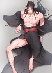 1boy abs absurdres bare_pectorals barefoot black_hair black_hanfu black_robe brown_hair chest_tattoo chinese_clothes full_body hair_down half_updo hanfu highres korean_commentary long_hair looking_at_viewer male_focus modao_zushi nipples off_shoulder official_alternate_hairstyle open_clothes open_robe pectorals purple_eyes red_sash robe sash sidelocks simple_background sitting solo ssu_saeu tattoo toned toned_male very_long_hair wei_wuxian wei_wuxian_(yiling_laozu)