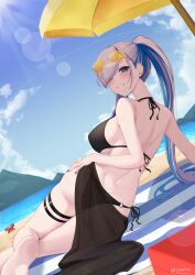 1girl absurdres alternate_costume arm_support ass back barefoot beach beach_umbrella bikini black_bikini black_sarong blue_eyes blue_hair blue_nails blue_sky breasts bright_pupils colored_inner_hair commentary crab day dutch_angle earrings english_commentary eyewear_on_head fanged_bangs from_behind girarikyo gradient_nails green_nails grey_hair grin hair_over_one_eye halterneck hand_on_own_hip highres hololive hololive_indonesia jewelry large_breasts lens_flare long_hair looking_at_viewer looking_back median_furrow multicolored_hair nail_polish o-ring o-ring_bikini outdoors paid_reward_available pavolia_reine sarong see-through_clothes see-through_sarong shoulder_blades side-tie_bikini_bottom sky smile soles solo string_bikini sunglasses swept_bangs swimsuit thigh_strap tinted_eyewear twintails umbrella very_long_hair virtual_youtuber white_pupils yellow-tinted_eyewear