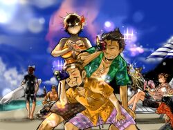 beach bra bra_on_head camcorder drooling floral_print hand_fan ishida_mitsunari kato_kiyomasa maeda_keiji naoe_kanetsugu nene object_on_head saika_magoichi sakichi6891 sakon_shima sengoku_musou surfboard swimsuit tachibana_muneshige toyotomi_hideyoshi umbrella underwear video_camera