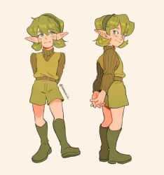 1girl arms_behind_back belt blue_eyes blush boots bright_pupils full_body green_hair hairband interlocked_fingers looking_at_viewer medium_hair multiple_views nintendo pointy_ears saria_(zelda) shorts smile solo sweater the_legend_of_zelda the_legend_of_zelda:_skyward_sword tunic turtleneck turtleneck_sweater vanemiin