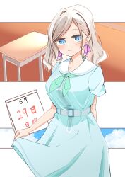 Rule 34 | 1girl, aqua neckerchief, blue dress, blue eyes, breasts, calendar (object), ceras yanagida lilienfeld, closed mouth, collarbone, commentary request, corocoro567, cowboy shot, dated, desk, dress, grey hair, hair ribbon, hasu no sora school uniform, highres, large breasts, link! like! love live!, long hair, looking at viewer, love live!, medium dress, neckerchief, pink ribbon, puffy short sleeves, puffy sleeves, ribbon, sailor collar, sailor dress, school desk, school uniform, short sleeves, smile, solo, summer uniform, virtual youtuber, white sailor collar