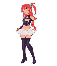 1girl adjusting_skirt aqua_eyes arms_at_sides asymmetrical_gloves bare_shoulders black_boots black_gloves blur_layer boots borrowed_character breasts chest_strap cleavage cleavage_cutout closed_mouth clothing_cutout crop_top cross cross_earrings double-parted_bangs earrings elbow_gloves flipped_hair full_body gift_art gloves groin hair_ornament high_heels highres holding jewelry light_blush light_smile lilyglazed long_hair looking_at_viewer medium_breasts midriff mismatched_gloves navel one_side_up original pleated_skirt red_gloves red_hair simple_background skirt sleeveless solo standing star_(symbol) star_cutout star_hair_ornament tachi-e thigh_boots turtleneck two-handed white_background white_skirt