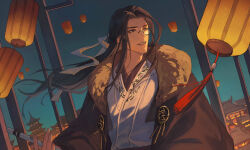 1boy absurdres architecture black_coat black_hair brown_eyes building chinese_clothes chinese_commentary coat east_asian_architecture flute fur-trimmed_coat fur_trim gradient_sky gu_yun hair_ribbon hanfu highres holding holding_flute holding_instrument instrument kkknnnn lantern long_hair long_sleeves looking_ahead male_focus mole mole_under_eye monocle paper_lantern ribbon round_eyewear sha_po_lang sky sky_lantern smile solo tassel upper_body white_hanfu white_ribbon