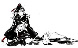 1boy animal black_eyes black_hair black_hanfu black_nails boots chinese_clothes closed_mouth faux_traditional_media full_body greyscale hair_ribbon hanfu hat high_ponytail holding holding_animal holding_rabbit ink_wash_painting kcllzas163 long_sleeves male_focus modao_zushi monochrome nail_polish ponytail rabbit red_ribbon ribbon robe simple_background sitting smile solo spot_color third-party_source wei_wuxian white_background white_rabbit_(animal) wide_sleeves