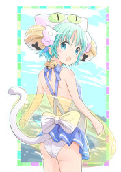 1girl animal_hat anzu_yoshihiro ass bell border cat_hat cat_tail cloud dejiko di_gi_charat from_behind gema green_eyes green_hair hat highres innertube jingle_bell looking_at_viewer looking_back one-piece_swimsuit open_mouth short_hair solo swim_ring swimsuit tail white_border