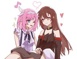 Rule 34 | 2girls, bare shoulders, black neckerchief, blue eyes, breasts, brown dress, brown hair, closed mouth, commentary request, detached sleeves, dress, eden (honkai impact), elysia (honkai impact), hairband, heart, highres, honkai (series), honkai impact 3rd, long hair, looking at another, medium breasts, multiple girls, musical note, neckerchief, official alternate costume, one eye closed, open mouth, pink hair, pink pupils, pointy ears, rio (user kzxp8757), shirt, simple background, smile, sparkle, white background, white hairband, white shirt, yellow eyes