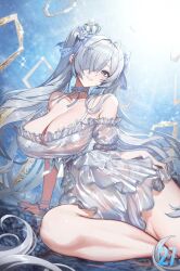 1girl absurdres bare_shoulders blue_eyes blush breasts choker cinderella_(glass_princess)_(nikke) cinderella_(nikke) cleavage covered_erect_nipples covered_navel crown dress goddess_of_victory:_nikke hair_over_one_eye highres large_breasts long_hair looking_at_viewer mini_crown navel nishichi official_alternate_costume open_mouth see-through_clothes see-through_dress smile solo teeth thighs twintails very_long_hair white_dress white_hair