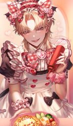 1boy aged_down apron bishounen blonde_hair blush bow child clm13sh9 crossdressing dio_brando dress fangs frilled_apron frills highres jojo_no_kimyou_na_bouken lolita_fashion long_hair looking_at_viewer maid maid_apron maid_headdress nail_polish phantom_blood puffy_short_sleeves puffy_sleeves red_eyes short_sleeves shota sweet_lolita tray waist_apron waitress white_apron