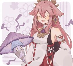 1girl animal_ears bare_shoulders blush breasts closed_eyes detached_sleeves earrings fox_ears fungi_(genshin_impact) genshin_impact hair_between_eyes hand_on_own_hip highres japanese_clothes jewelry komerina long_hair makeup medium_breasts miko open_mouth pink_hair signature simple_background very_long_hair wide_sleeves yae_miko